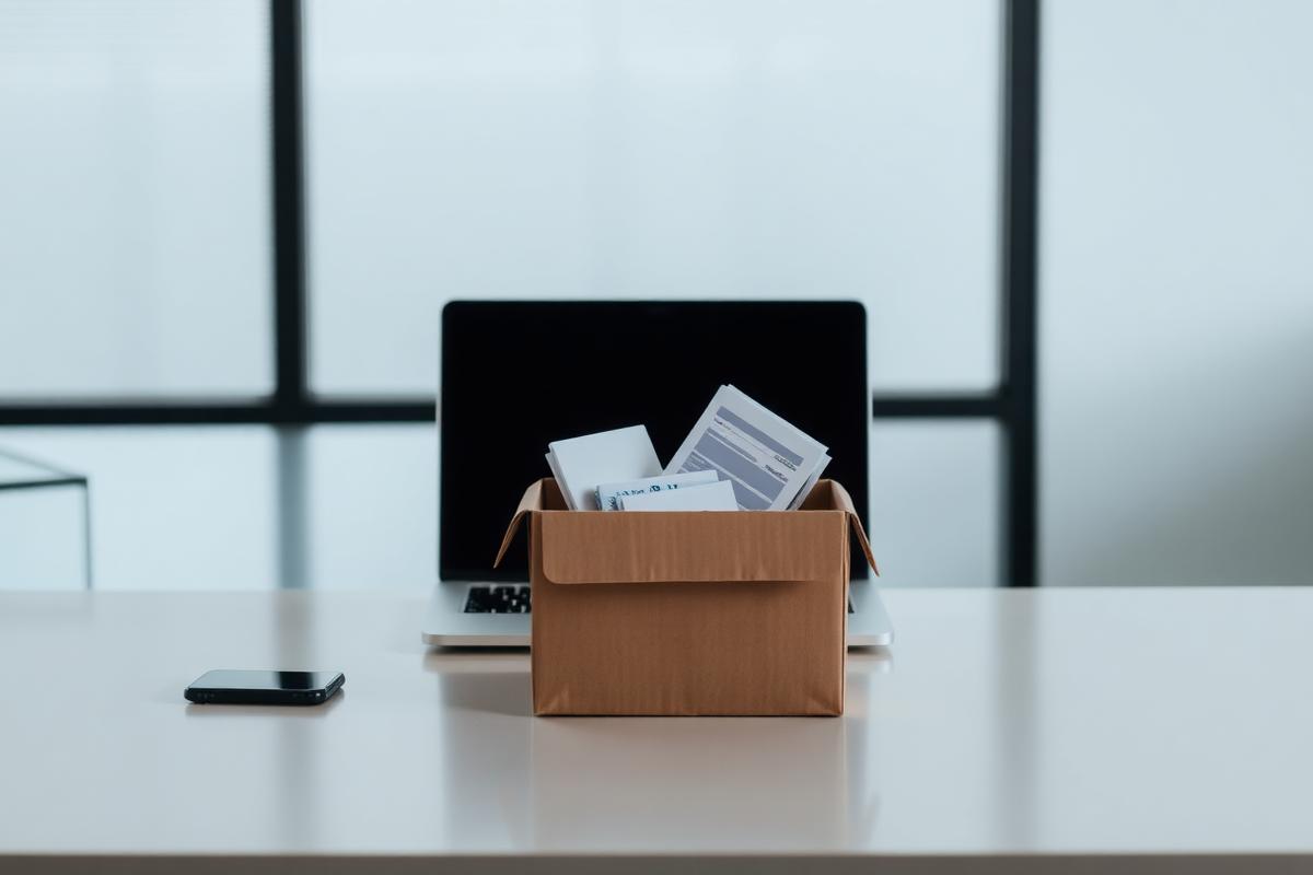 Empty office desk with a box of personal items