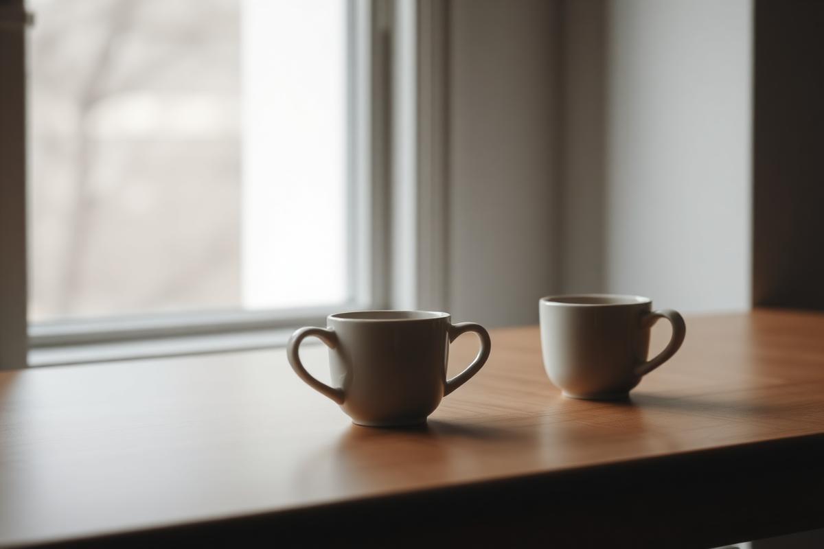 Two coffee cups on a quiet table by a window