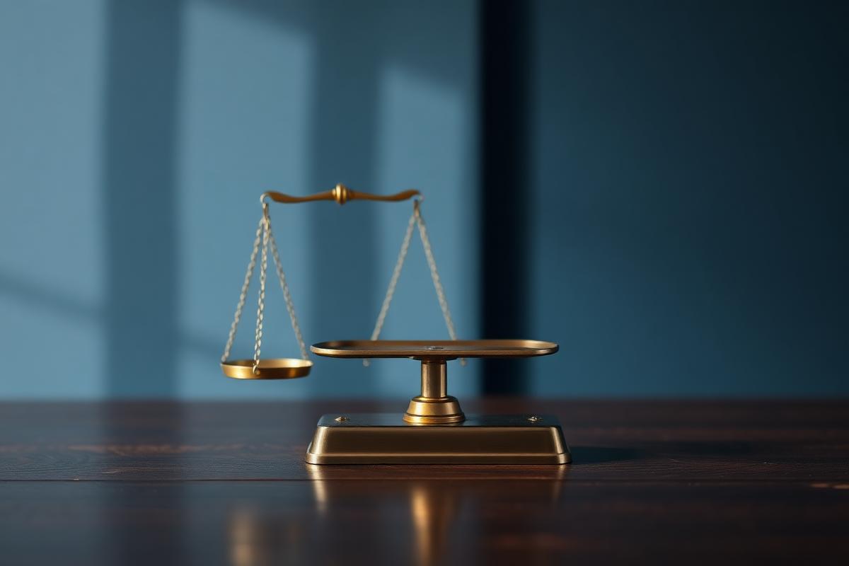 Brass balance scale on a dark wooden desk